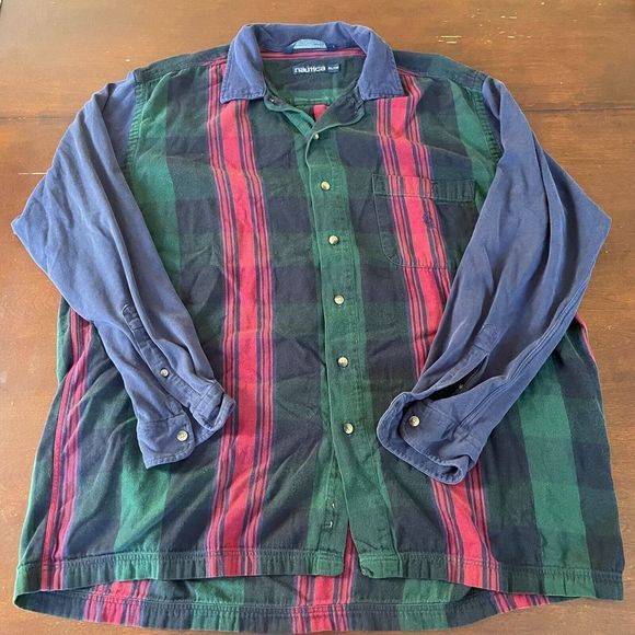 VTG Nautica Shirt Mens XL Blue Vertical Plaid Colorblock 90s Logo Twill - Picture 2 of 9